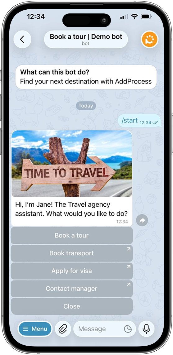 Telegram chatbot interface for travel agencies